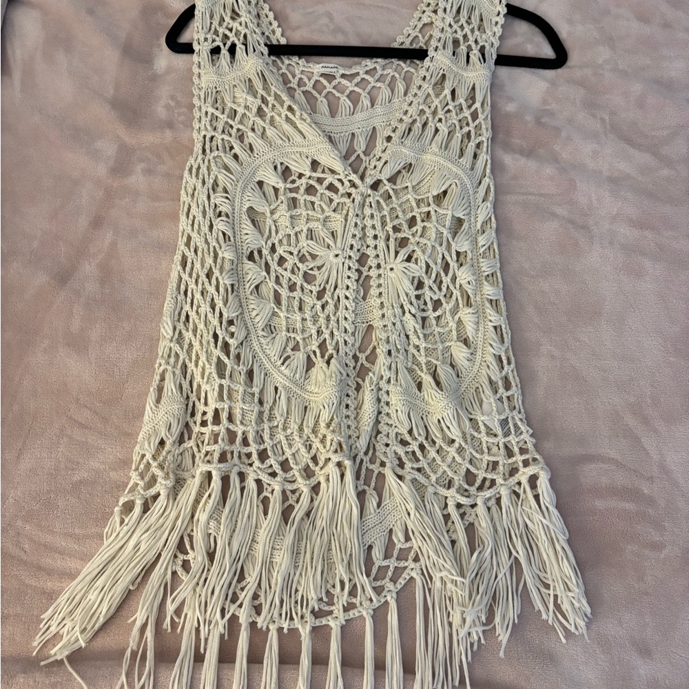Garage Ivory Crochet Vest with Fringe
